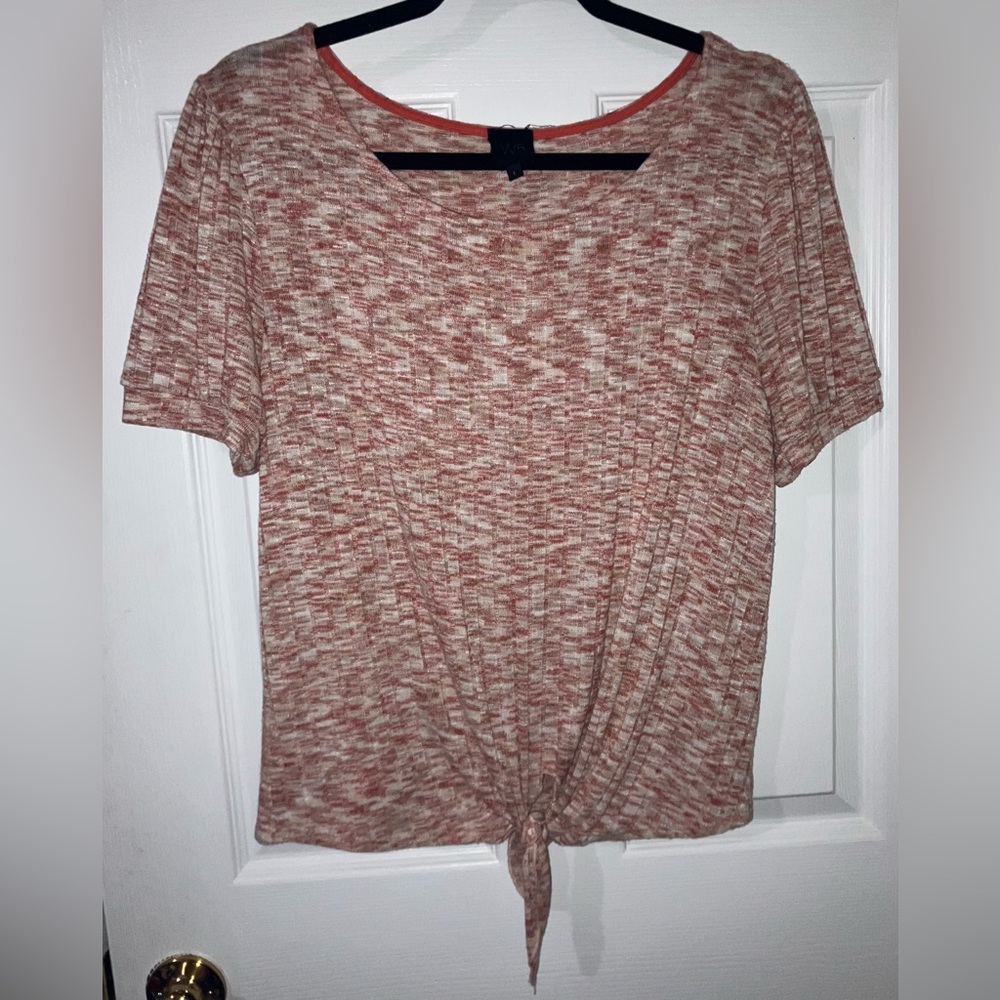 W5 Orange and White Tie Front Short Sleeve Top